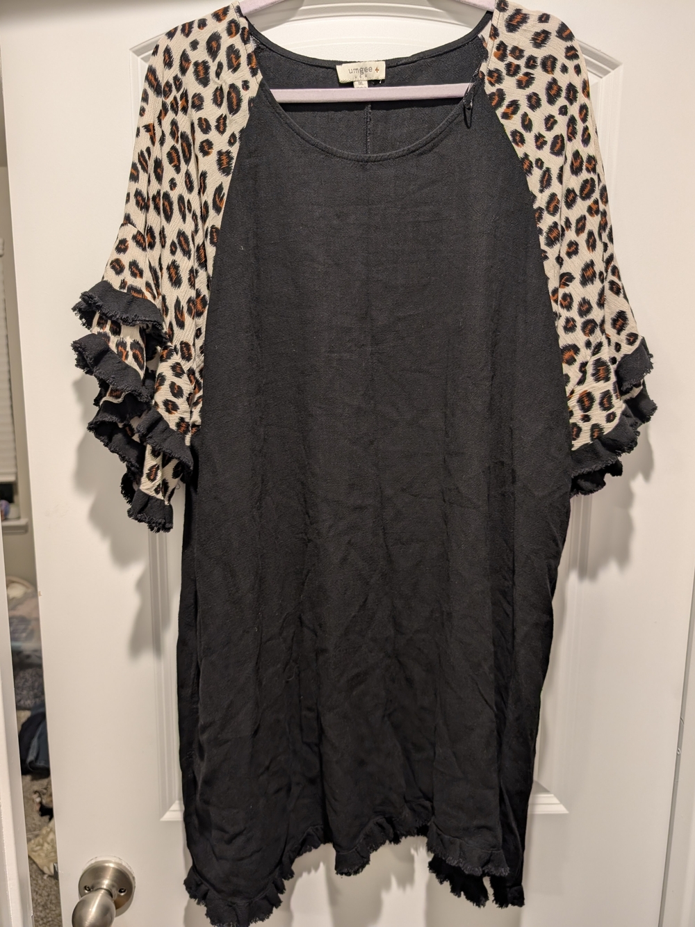 Umgee Black Dress with Leopard Print Sleeves